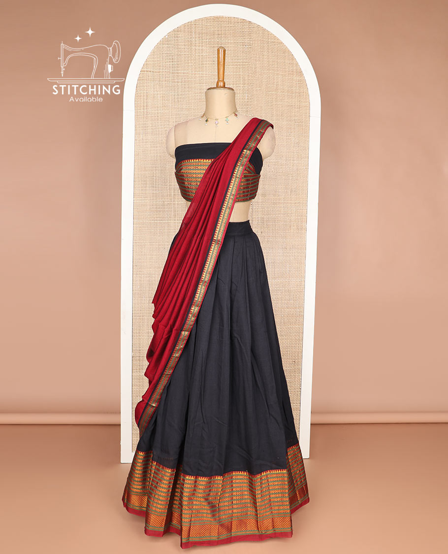 Black cotton half saree with contrast intricate zari design border, zari design blouse & zari design border dhavani