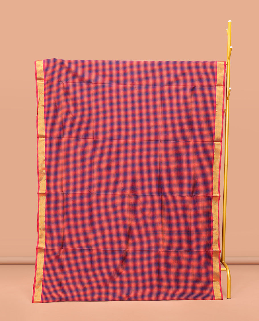 Multi-Color Poly Cotton Saree, Detailed with Micro-Checked Design on Its Body, Highlighted by a Self-Border, Striped Pallu, and Paired with a Contrast Blouse