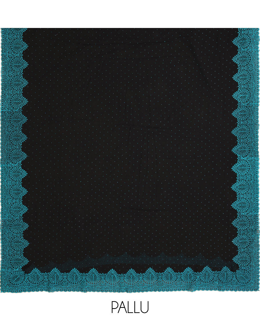 Black with blue all-over stone work chiffon georgette saree with self embroidery border & self pallu along with contrast stone work blouse
