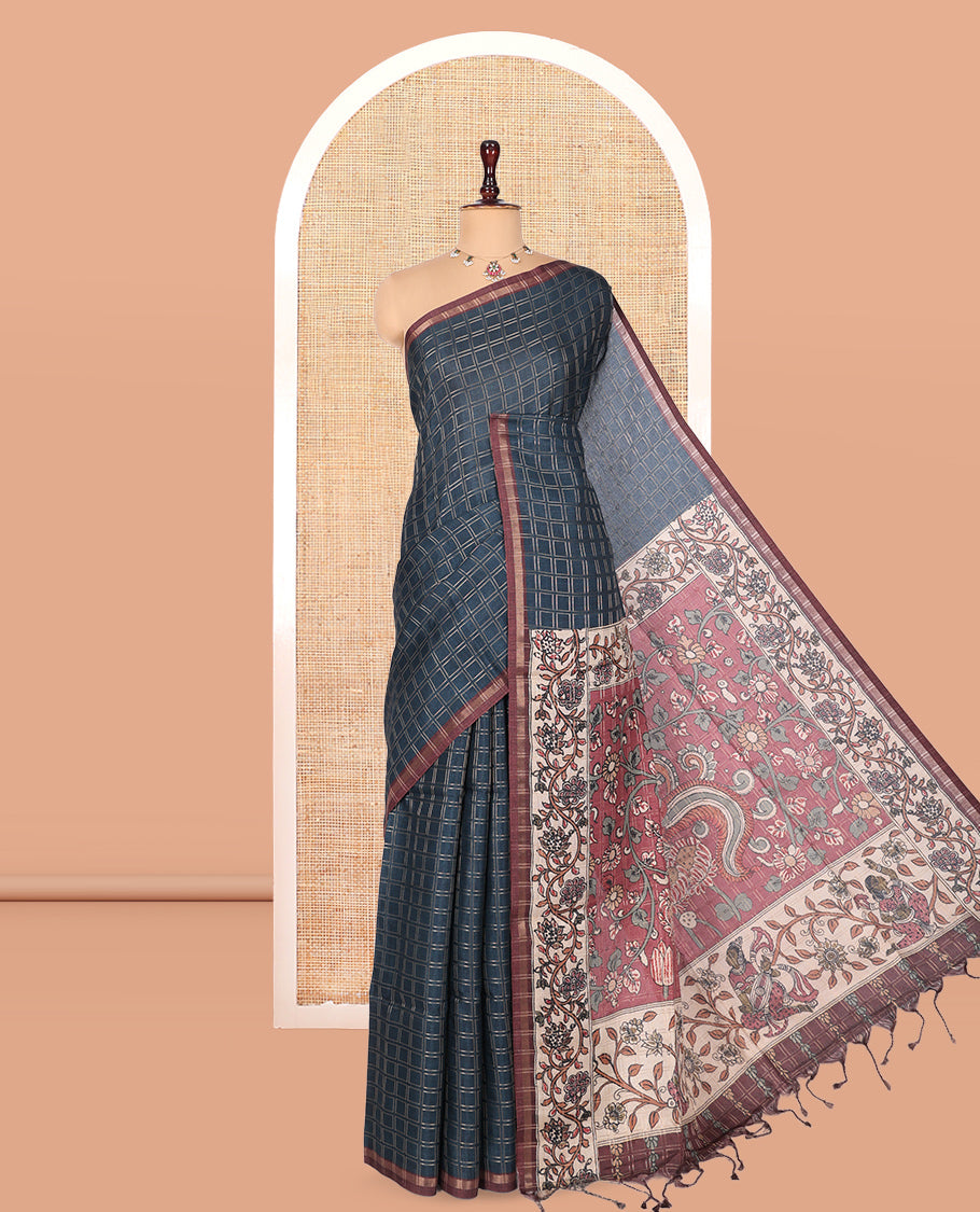 Blue Fancy Tussar Silk Saree, Elevated with Checked Design, Contrast Zari Piping Border, Pallu of Kalamkari Peacock Motifs, and Contrast Kalamkari Printed Blouse