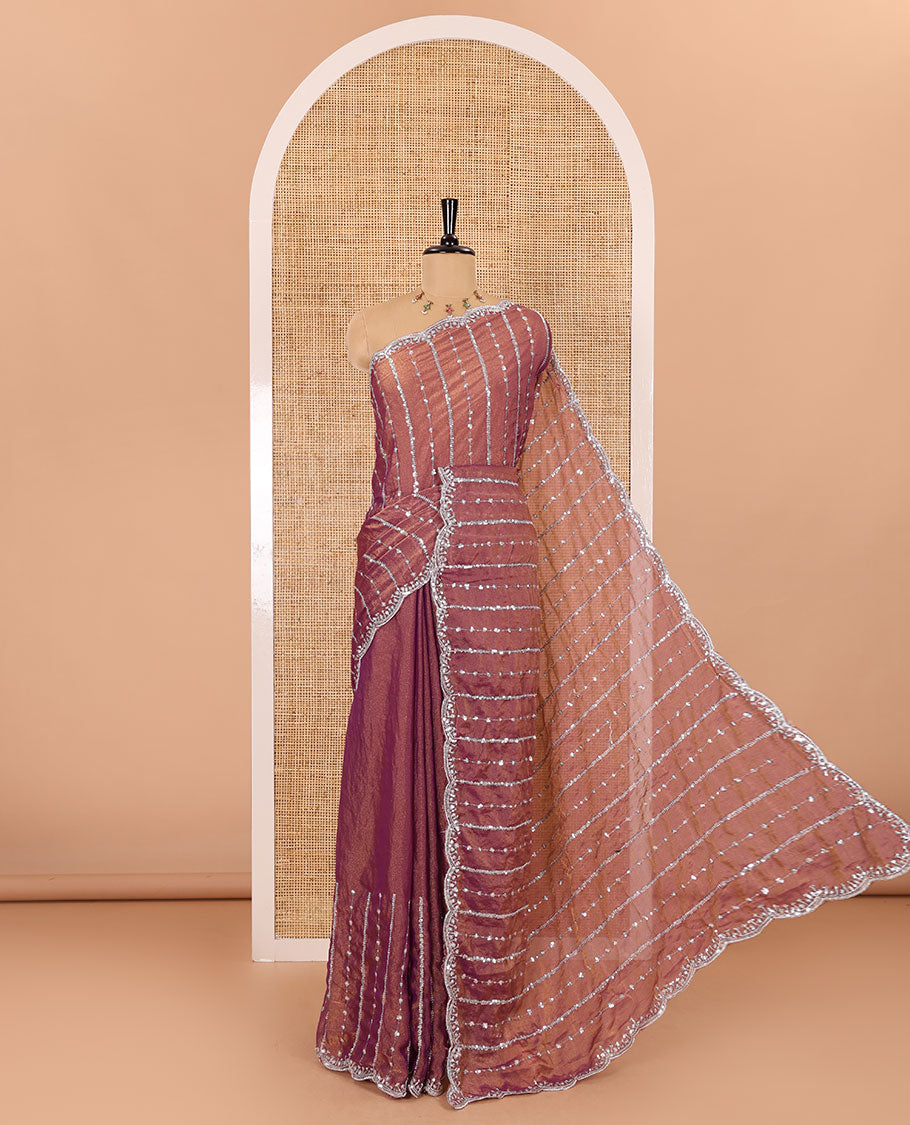 Pink vertical stripes embroidered shimmer chiffon saree, scallop embroidered border, embroidered pallu, and fancy embroidered matching blouse