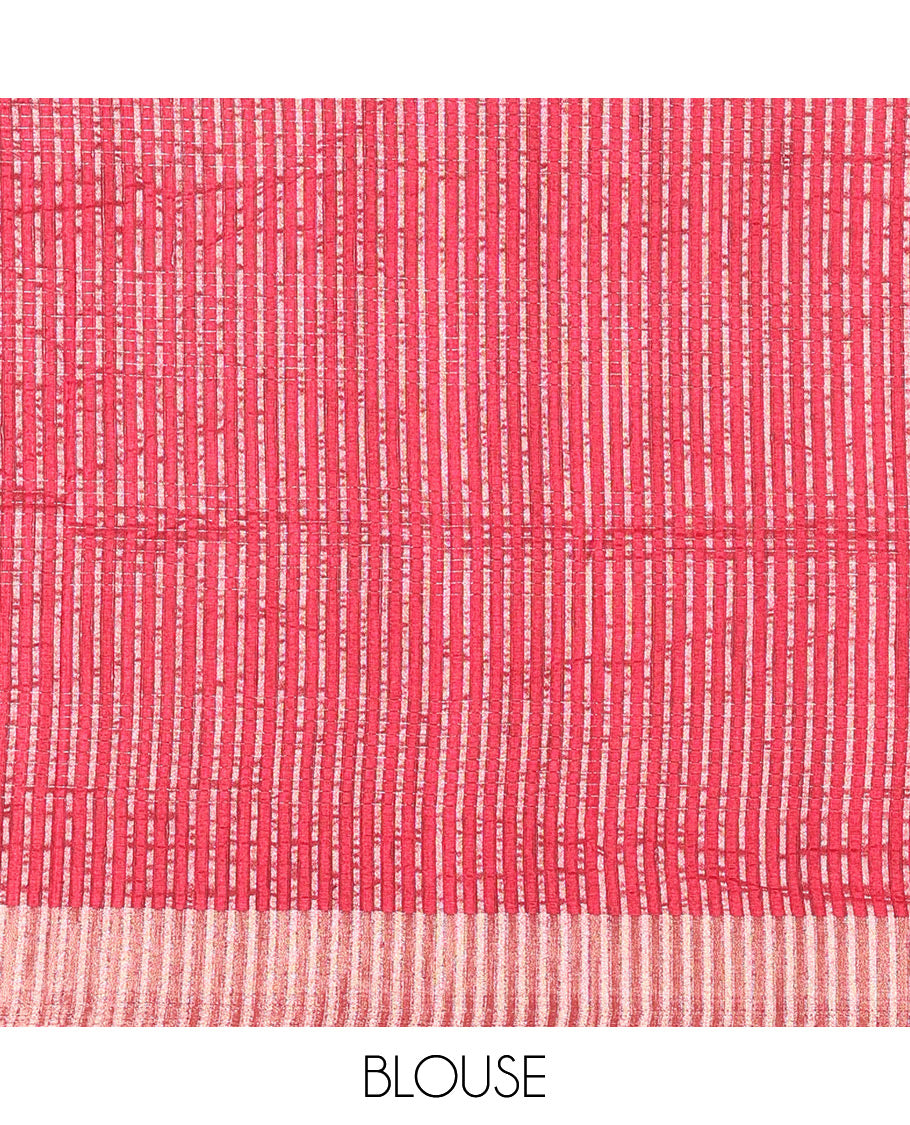 Red horizontal striped fancy tussar silk saree, bavanji border, self-pallu, and a matching striped blouse
