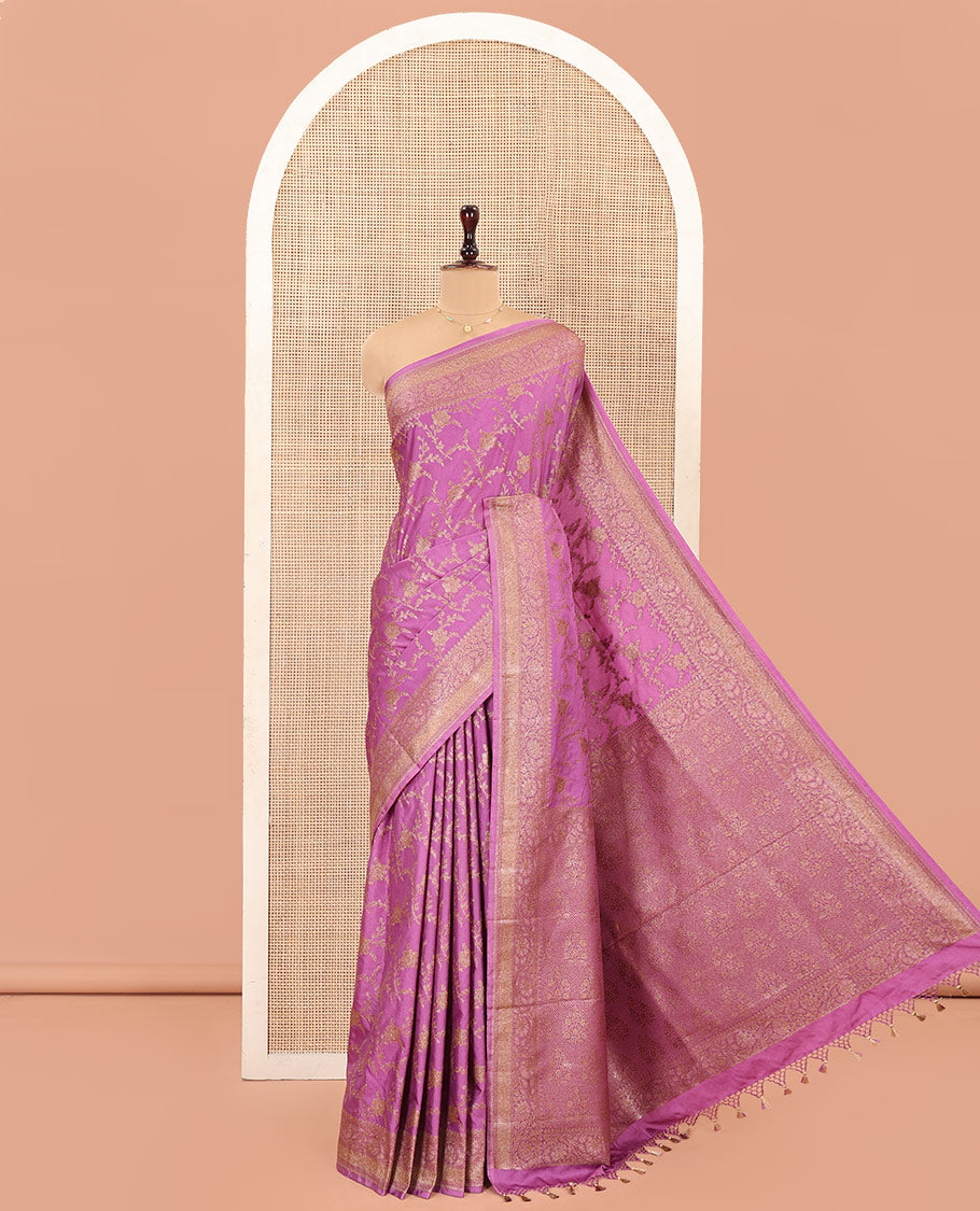 Pink Mushru Silk Saree, Prettified with Floral Jaal Jacquard Design on Its Body, Subtly Sparkled Zari Border of Floral Creeper Designs, Mughal-Style Pallu of Floral Bouquet Designs, and Paired with a Matching Blouse