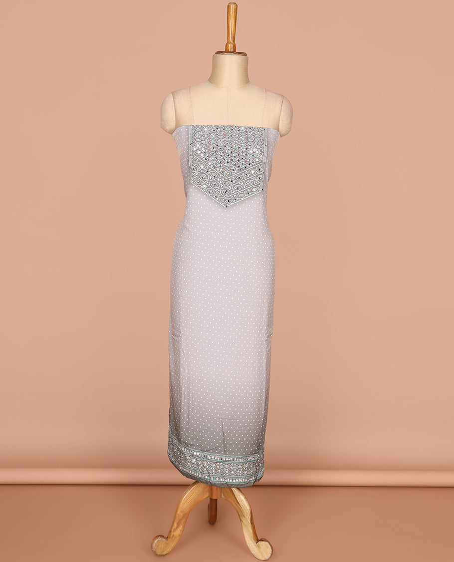 Grey bhandani print, stone,mirror work crepe chudidhar material top with american crepe pant & chinnon material bhandani print, mirror work dupatta