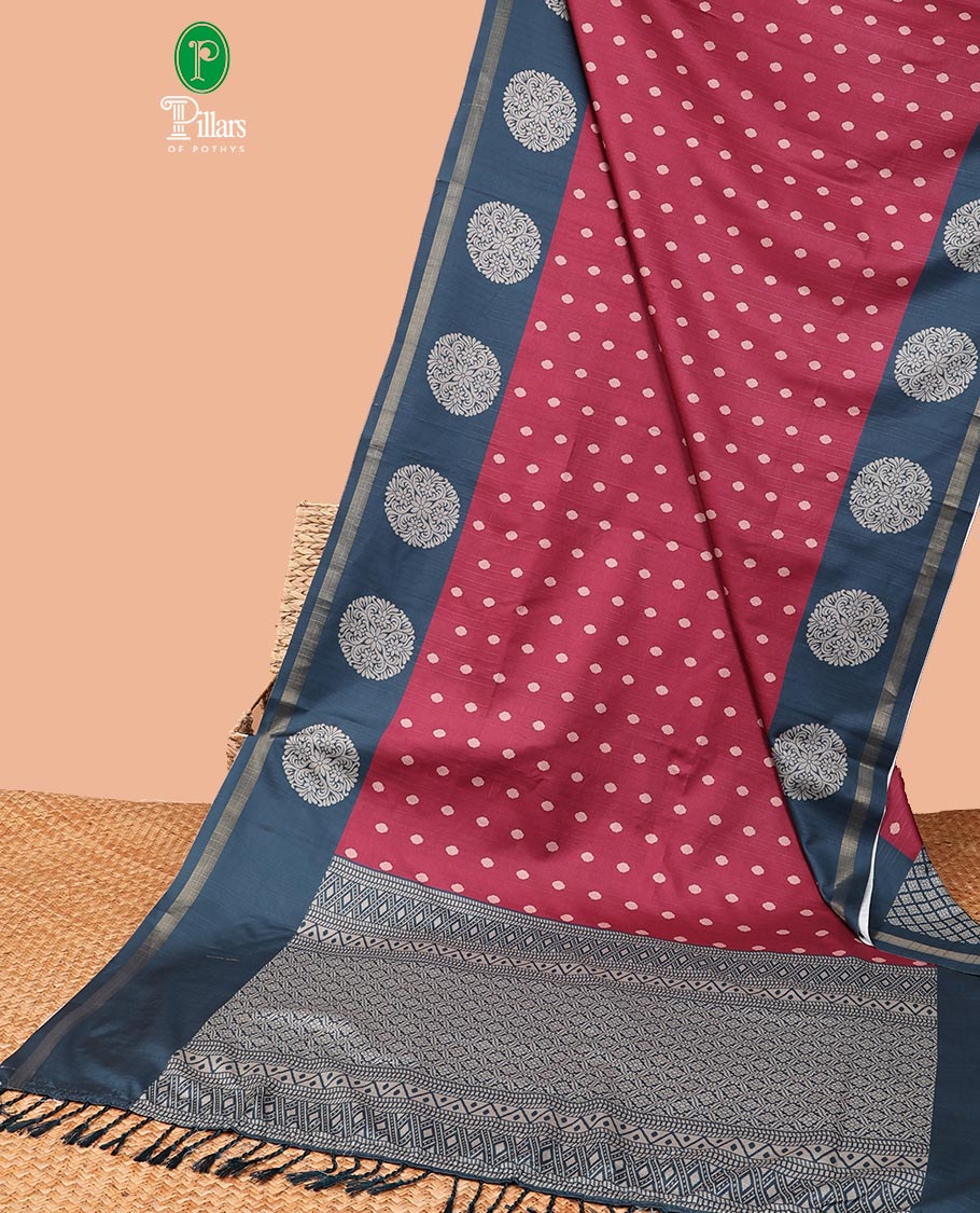 Magenta all-over small buttas katan silk saree with contrast double side bentex border & weaving heavy rich pallu along with contrast printed blouse