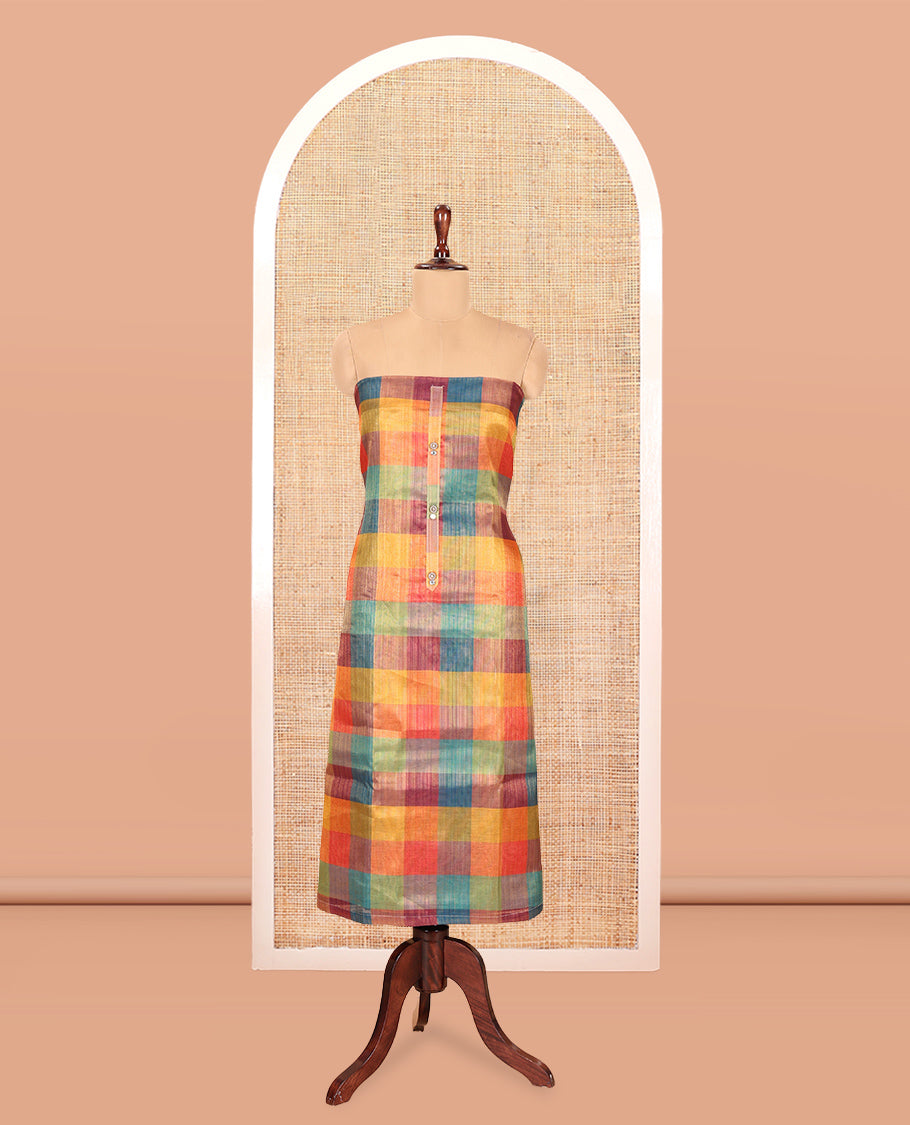 Multi-Color Shimmer Tissue Material Churidar, Elevated with Madras Checked Neckwork Top, a Contrast Bottom, and a Sequins Striped Dupatta