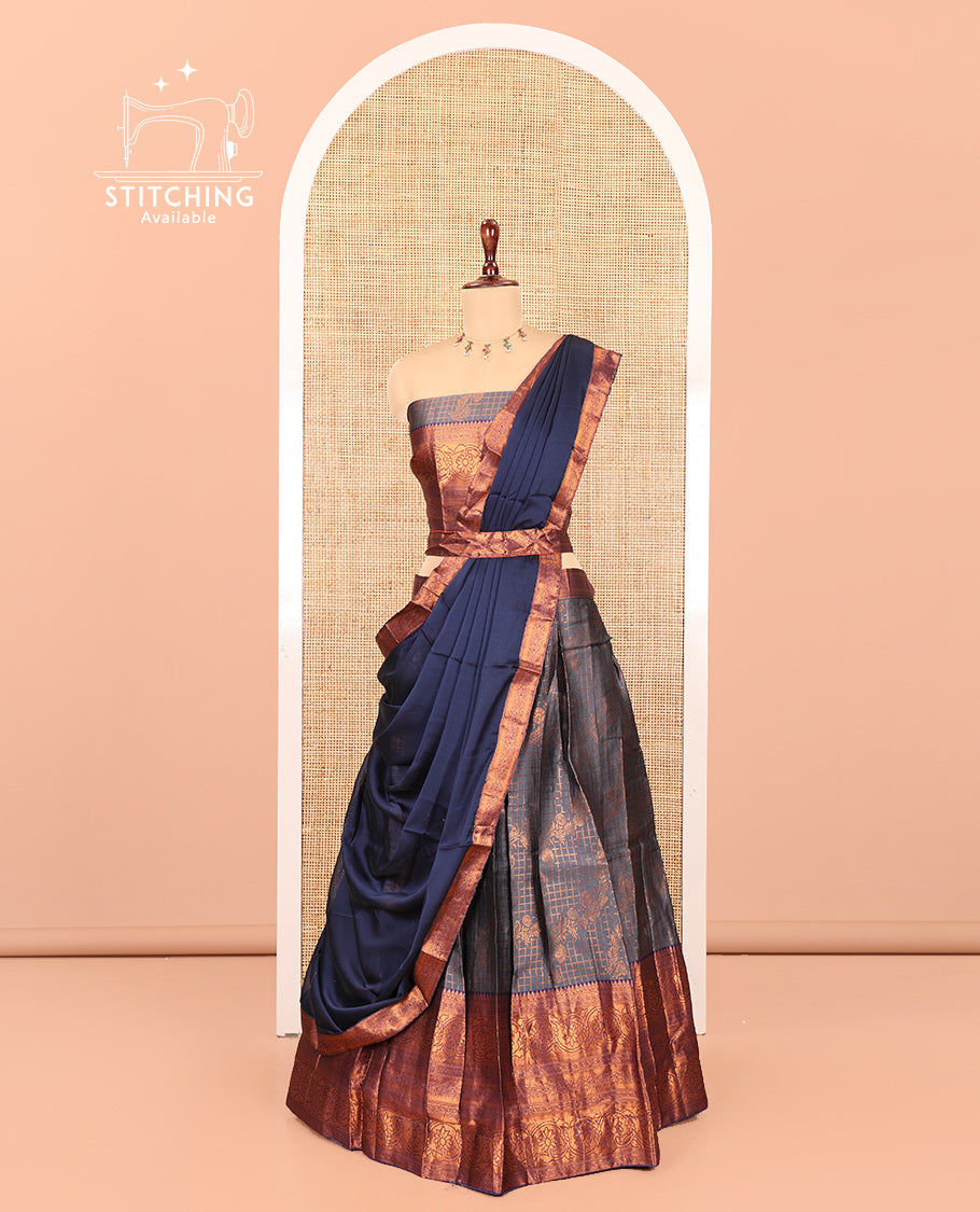 Grey-Blue Semi-Banarasi Half-Saree Features Jacquard Skirt, Contrast Traditional Border, Matching Blouse, and Syska Georgette Dhavani