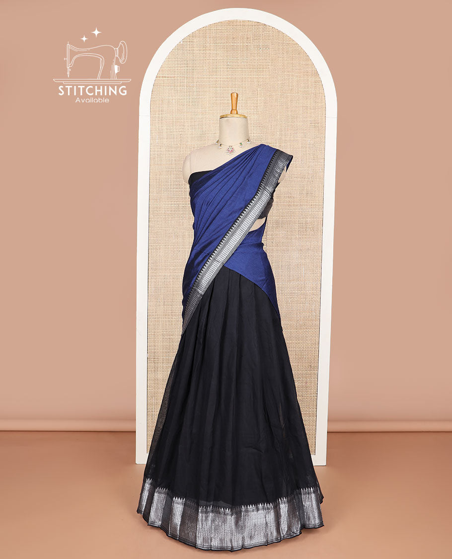 Black cotton half saree with contrast zari design border, zari design blouse & zari design border dhavani