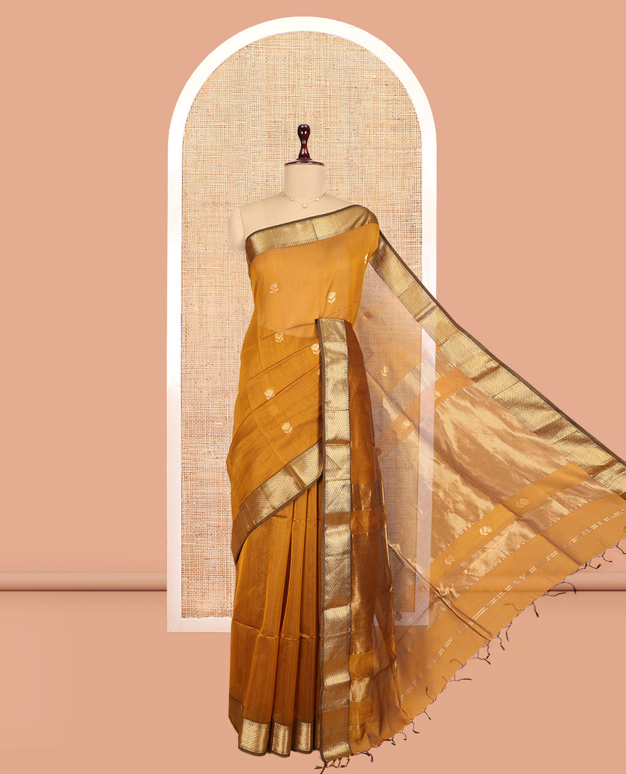 Mustard Maheshwari Cotton Saree, Ornamented with Zari Buttas, a Contrast Traditional Zari Border, Zari Buttas Woven Pallu, and a Matching Blouse