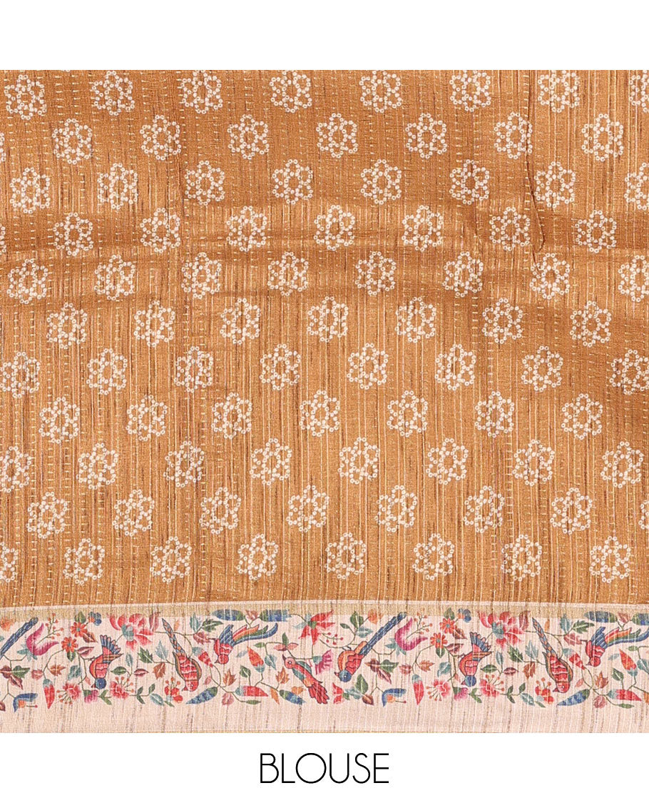 Mustard zari buttas and bandhani dotted fancy tussar saree, contrast floral and bird printed border, striped pallu, and a matching blouse