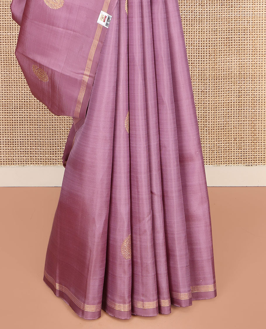 Pink Kanchipuram Silk Saree, Beautified with Arumbu Manga Zari Buttas All Over Its Body, Highlighted by a Zari Piping Border, Pallu of Jaal and Mayil Designs, and Paired with a Matching Blouse