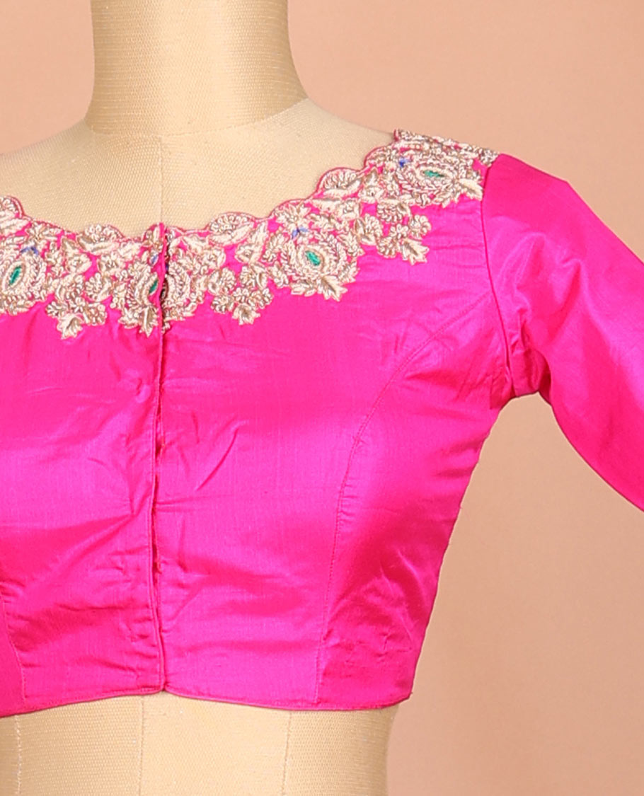 Hot pink floral design embroidered pure-silk readymade blouse with front & back boat-neck & elbow-sleeve