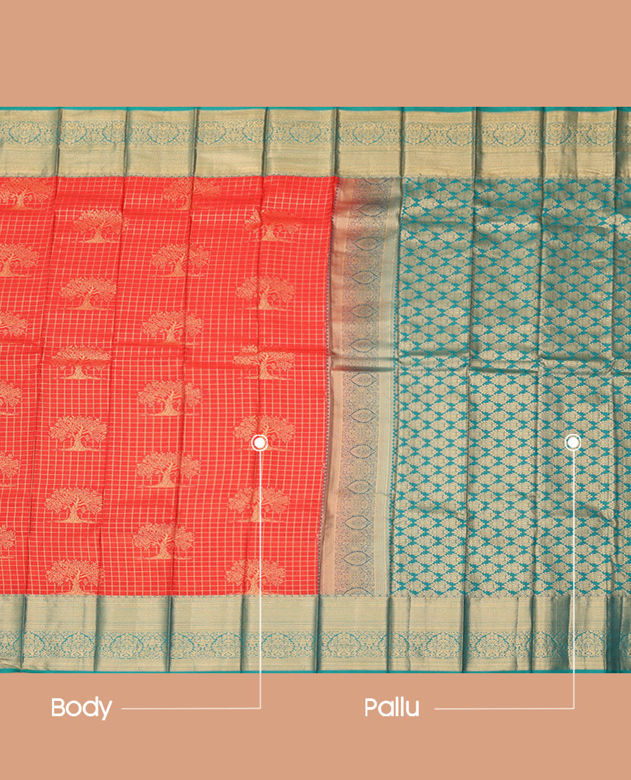 Red Budget Silk Saree, Accentuated with Checks and Buttas, Complemented by Contrast Traditional Zari Border, a Grand Jaal Pallu and a Contrast Blouse