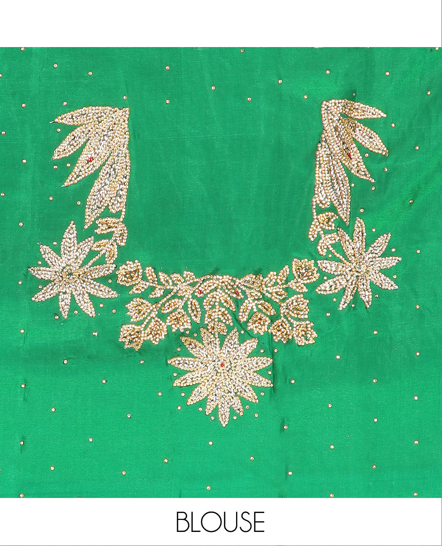 Red floral buttas and stone work banarasi silk saree, contrast floral creeper design woven stone work lace border, and pallu of intricate designs