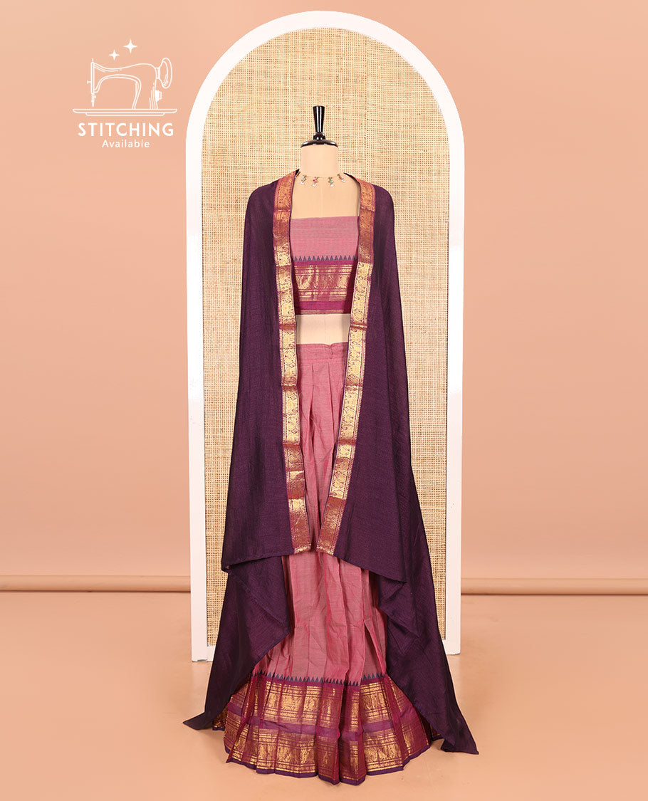 Onion Pink-Magenta Chettinad Cotton Half-Saree Featuring a Plain Skirt, Highlighted with a Contrast Peacock-Elephant Motifs Woven Rettai Pettu Zari Border, a Subtly Woven Matching Blouse, and a Vichitra Silk Contrast Traditional Zari-Bordered Dhavani