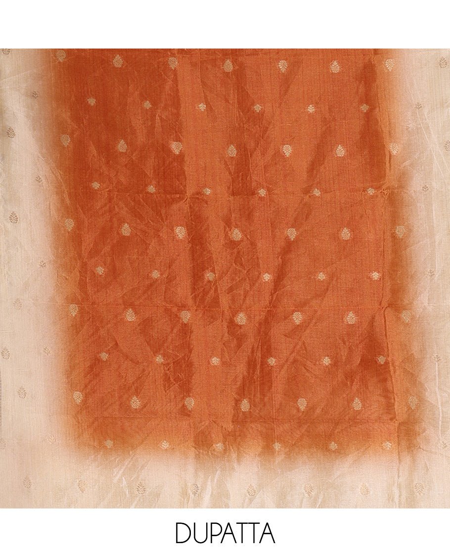 Chikku-Rust Semi-Tussar Material Chudiddar, Buttas and Neck Work Top, Contrast Bottom, Buttas Dupatta