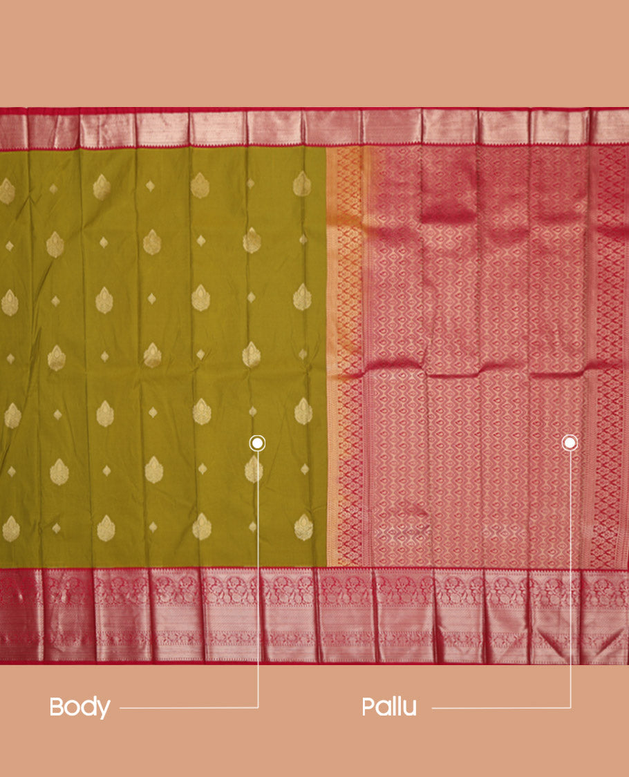 Leaf Green Budget Silk Saree, Enthralled with Zari Buttas All Over Its Body, Complemented by a Contrast Traditional Zari Design Border, Grand Paisley Designs Woven Pallu, and Paired with a Contrast Blouse
