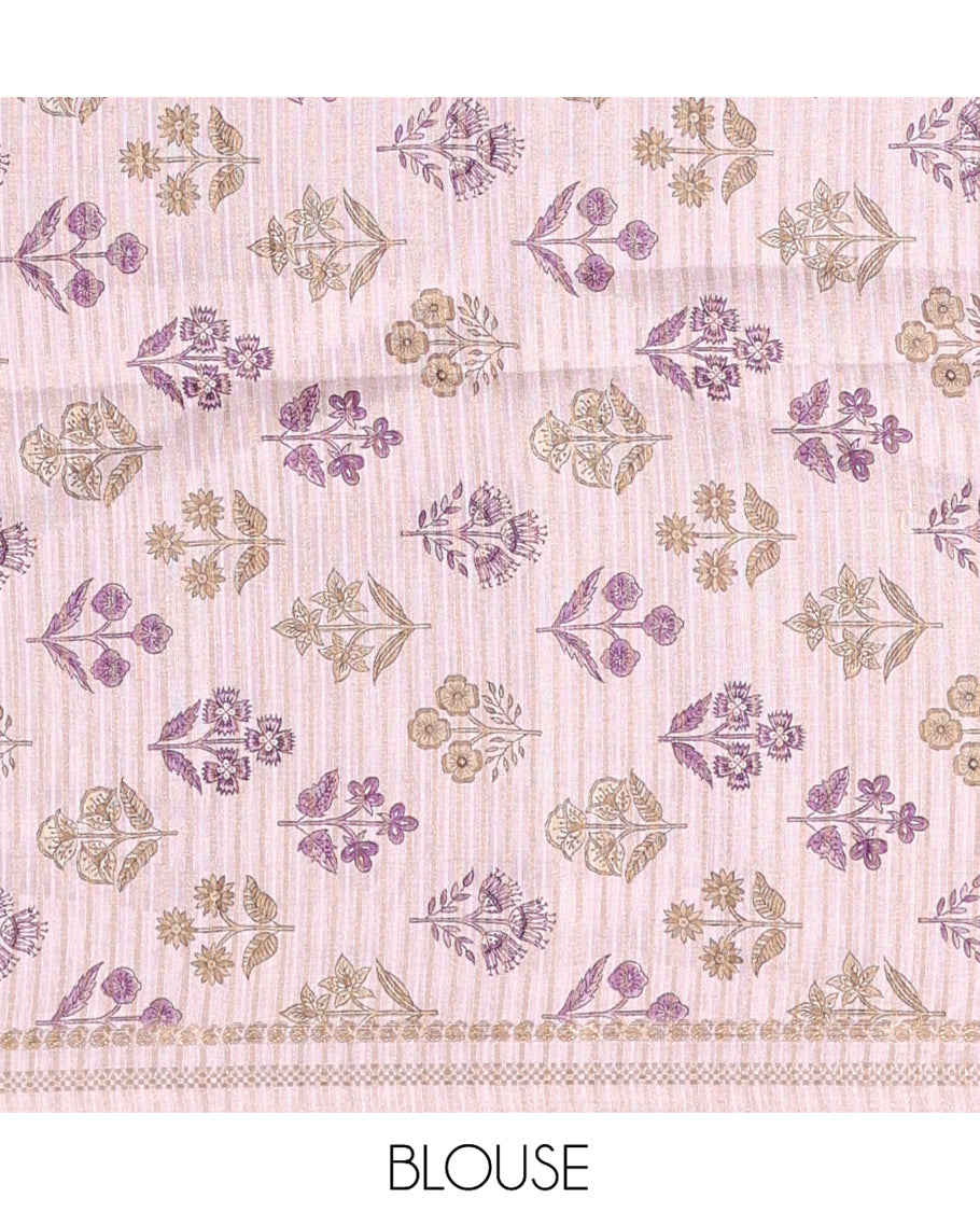 Chikku-Lavender Fancy Tussar Silk With Stripes, Zari Border, Pallu, and Blouse