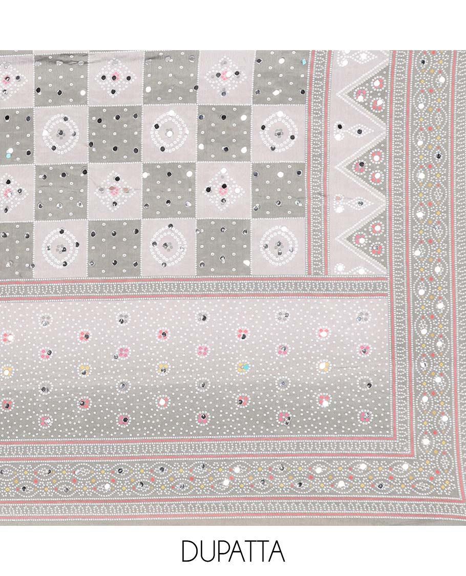 Grey bhandani print, stone,mirror work crepe chudidhar material top with american crepe pant & chinnon material bhandani print, mirror work dupatta