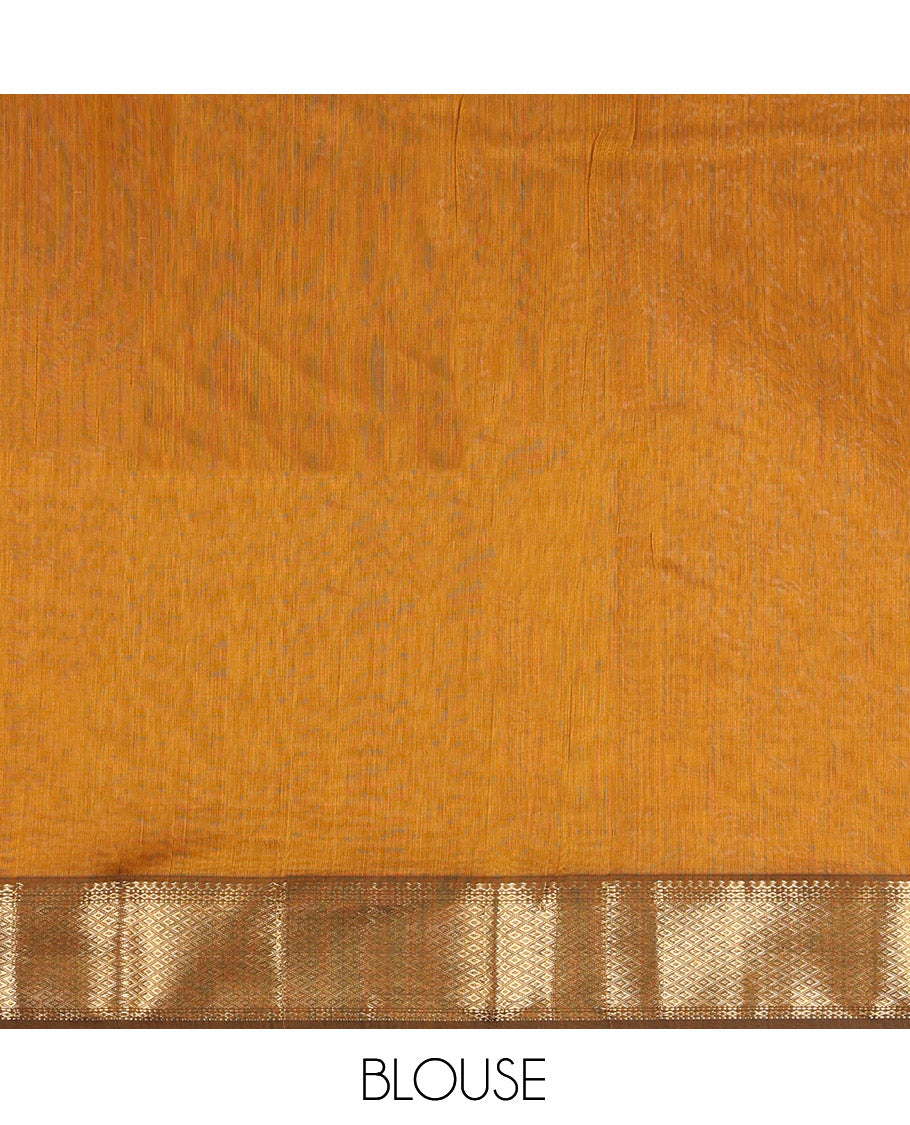 Mustard Maheshwari Cotton Saree, Ornamented with Zari Buttas, a Contrast Traditional Zari Border, Zari Buttas Woven Pallu, and a Matching Blouse