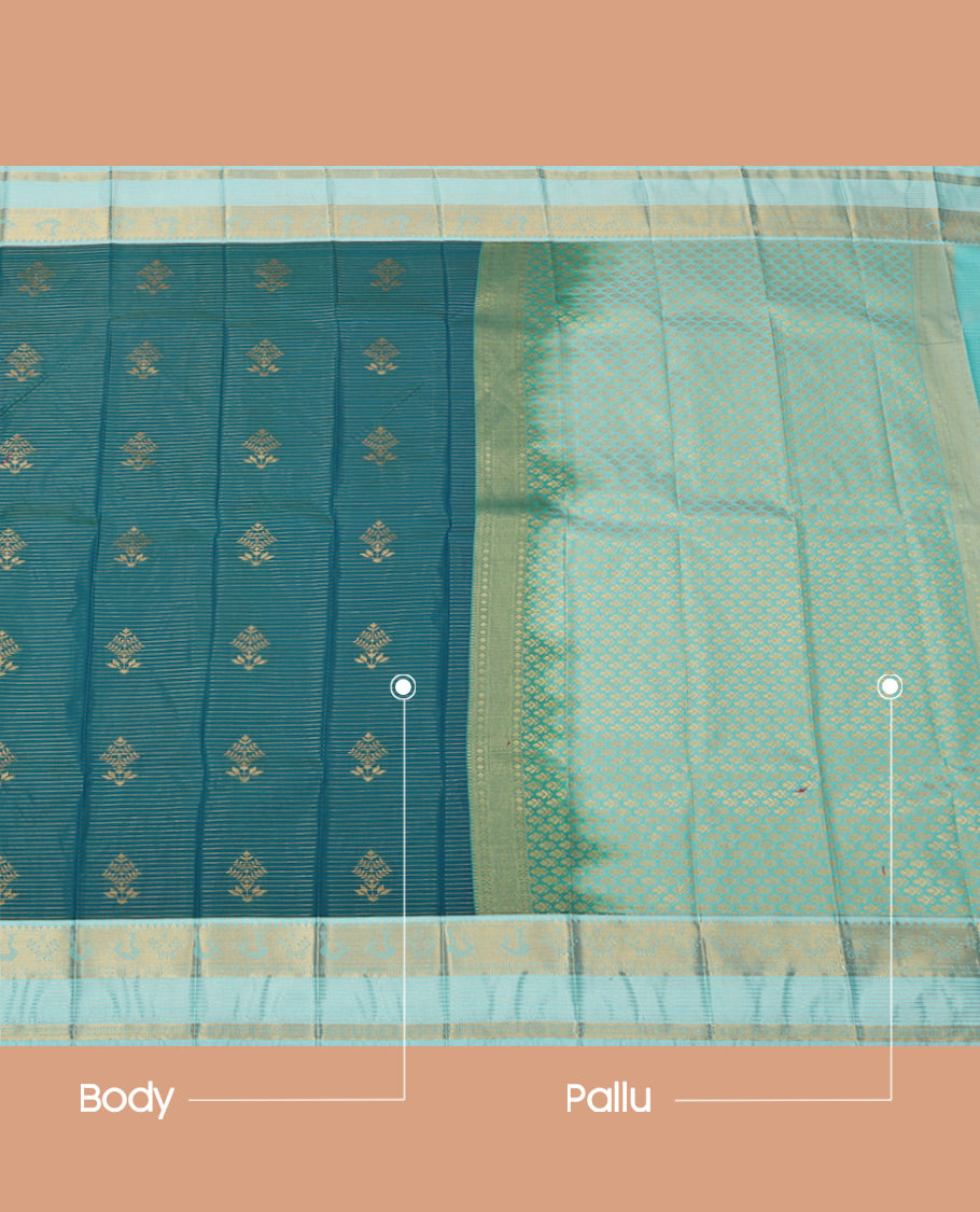 Blue Budget Silk Saree, Embellished with Zari Buttas and Stripes, Complemented by a Contrast Traditional Zari Border, Grand Pallu, and Contrast Blouse
