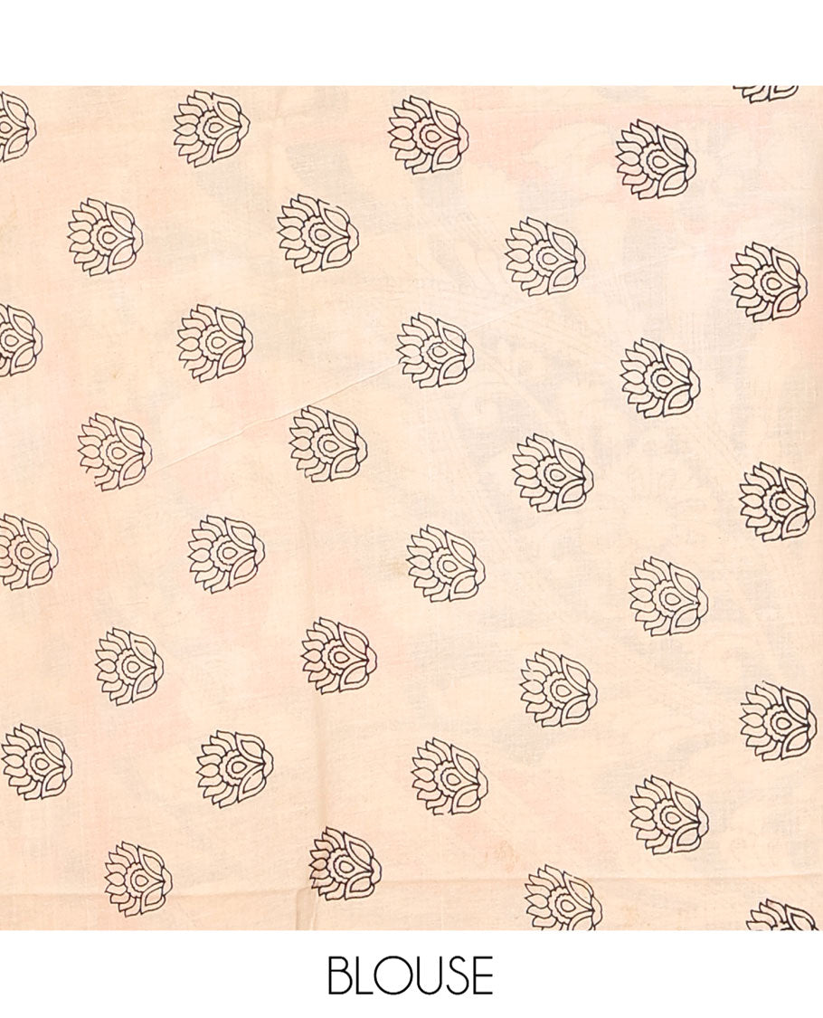 Orange Machine-Printed Kalamkari Cotton Saree, Embellished with Flora, Fauna, and Musical Instrument on Its Body, Complemented by a Contrast Round Motifs Printed Border, Pallu of Kalamakri Peacock Print, and Paired with a Printed Blouse