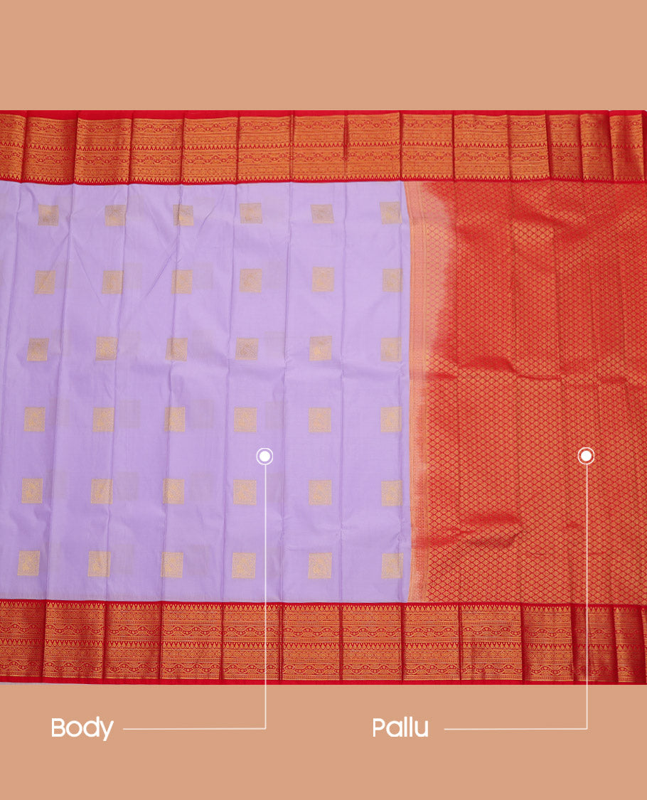 Lavender Budget Silk Saree, Sparsely Woven with Zari Buttas, Complemented by a Contrast Traditional Zari Border, Grand Pallu, and Contrast Blouse