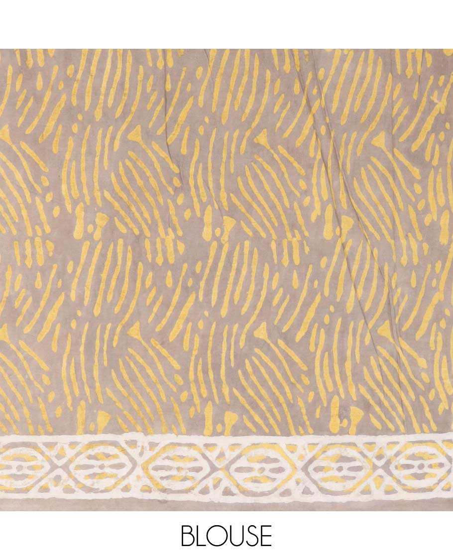 Grey with yellow floral block design mul mul cotton saree with contrast intricate design & floral motifs, geometric design pallu