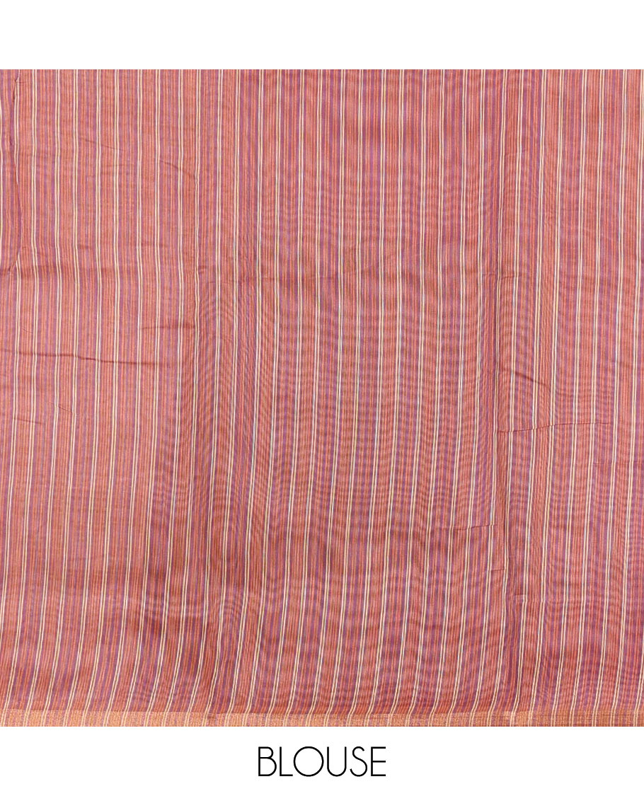 Orange small buttas printed Linen cotton saree, contrast double-sided temple border, striped pallu, and vertically striped blouse