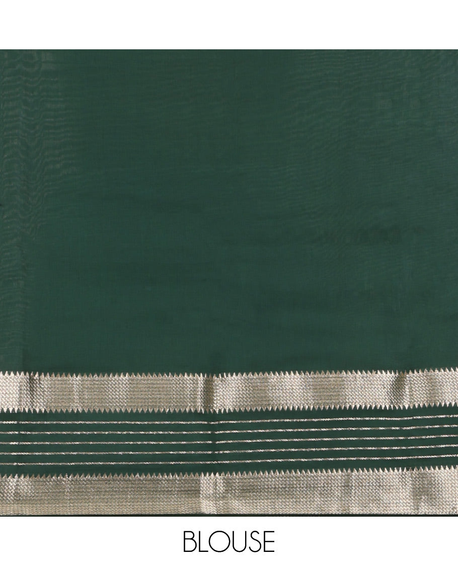 Green Plain Assam Silk Saree, Complemented by Contrast Traditional Zari Border, Zari Woven Pallu, and Contrast Blouse