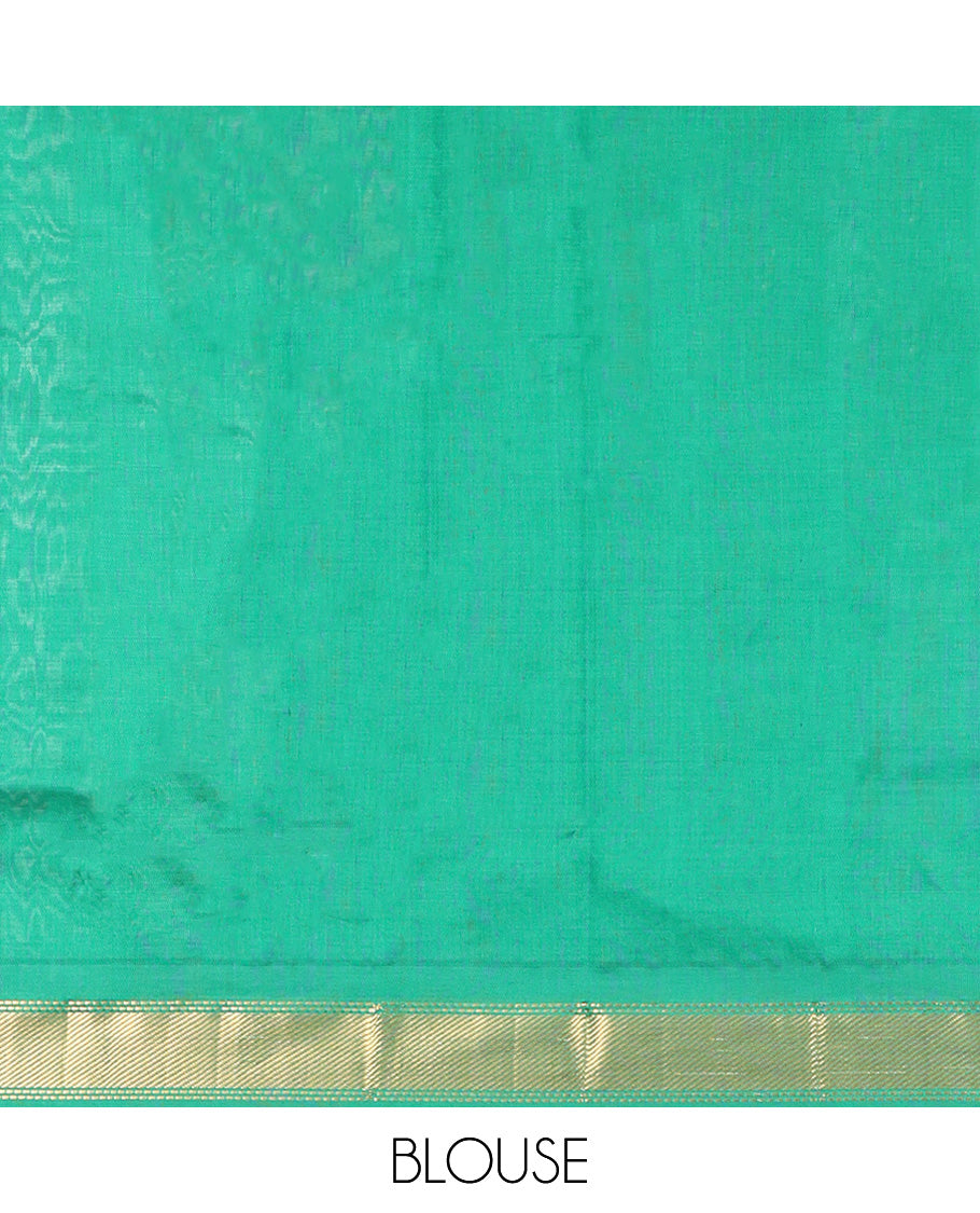 Pink Plain Poly Cotton Saree, Complemented by Contrast Zari Border, Contrast Striped Pallu, and Paired with a Contrast Blouse