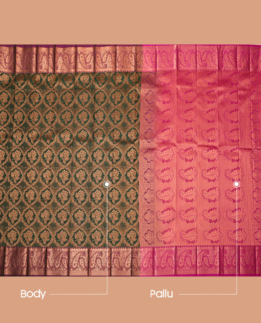 Green Budget Silk Saree, Enriched with Jacquard Design, Complemented by Contrast Paisley Border, Grand Pallu and a Contrast Blouse