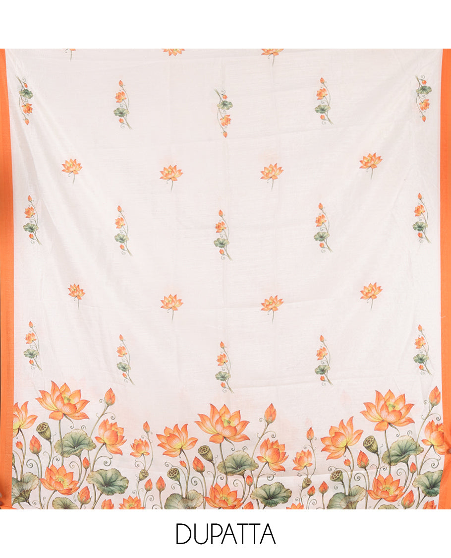 Cream-Orange Semi-Silk Material Chudidar, Lotus Printed Top, Matching Bottom, Lotus Printed Dupatta
