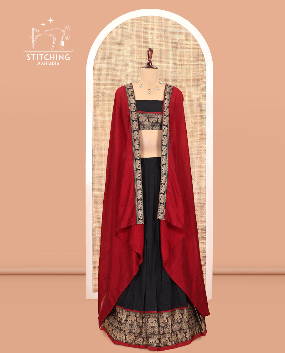 Black Mercerised Cotton Half-Saree, Plain Skirt, an Elephant Motif Border, a Matching Blouse, Contrast Dhavani