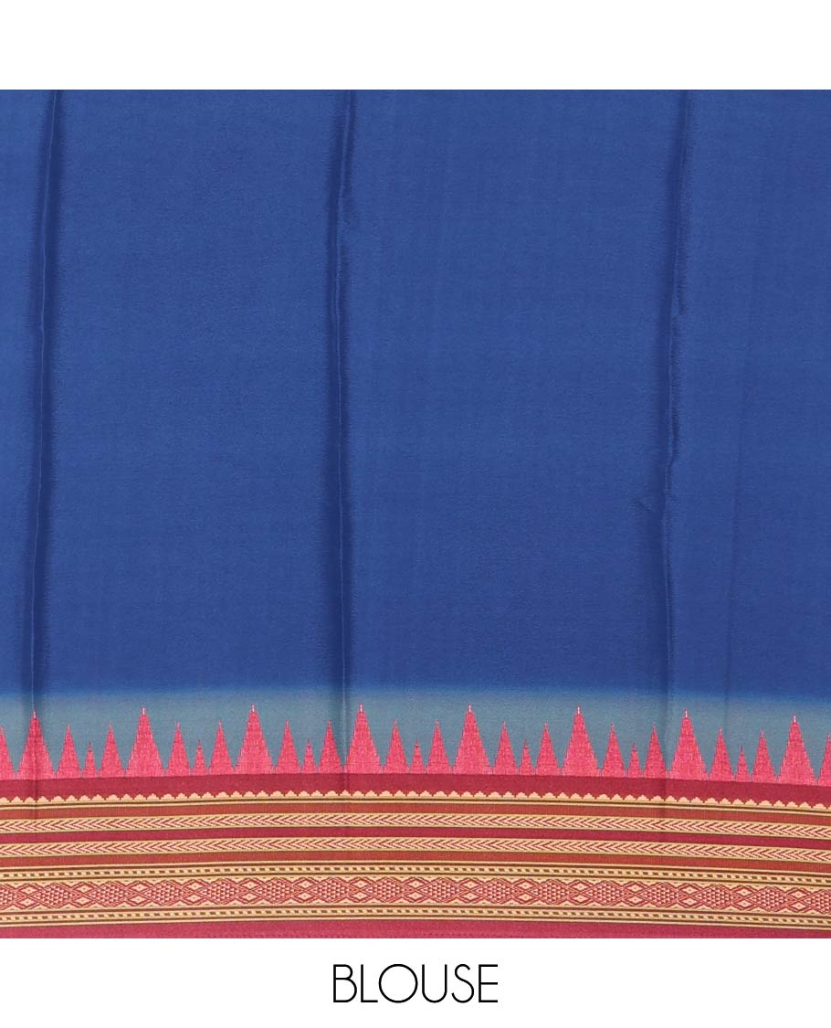 Grey patola style geometric printed Italian Crepe saree, contrast temple ikkat printed border, Kalamkari printed pallu, and a printed bordered blouse