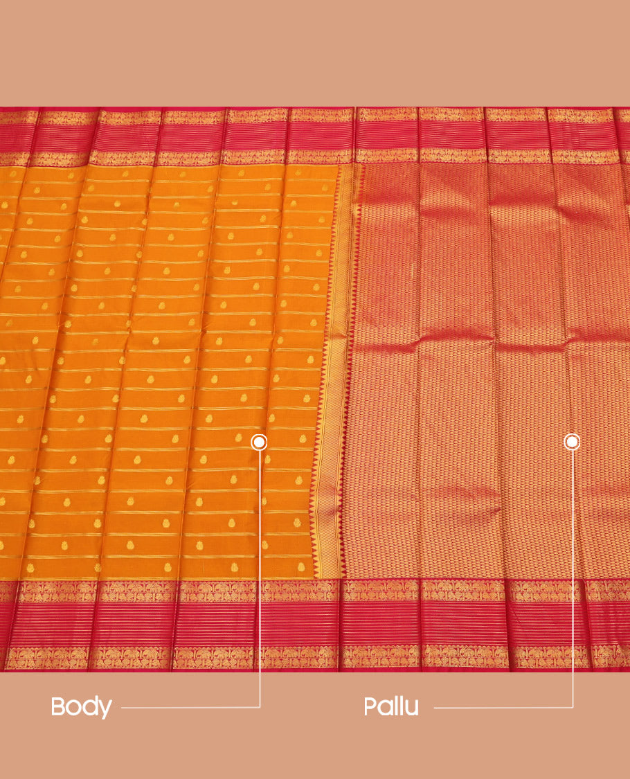 Orange Budget Silk Saree, Woven with Zari Buttas and Stripes on Its Body, Complemented by a Contrast Traditional Zari Border of Peacock-Elephant Designs, Grand Jaal Pallu, and Paired with a Contrast Blouse