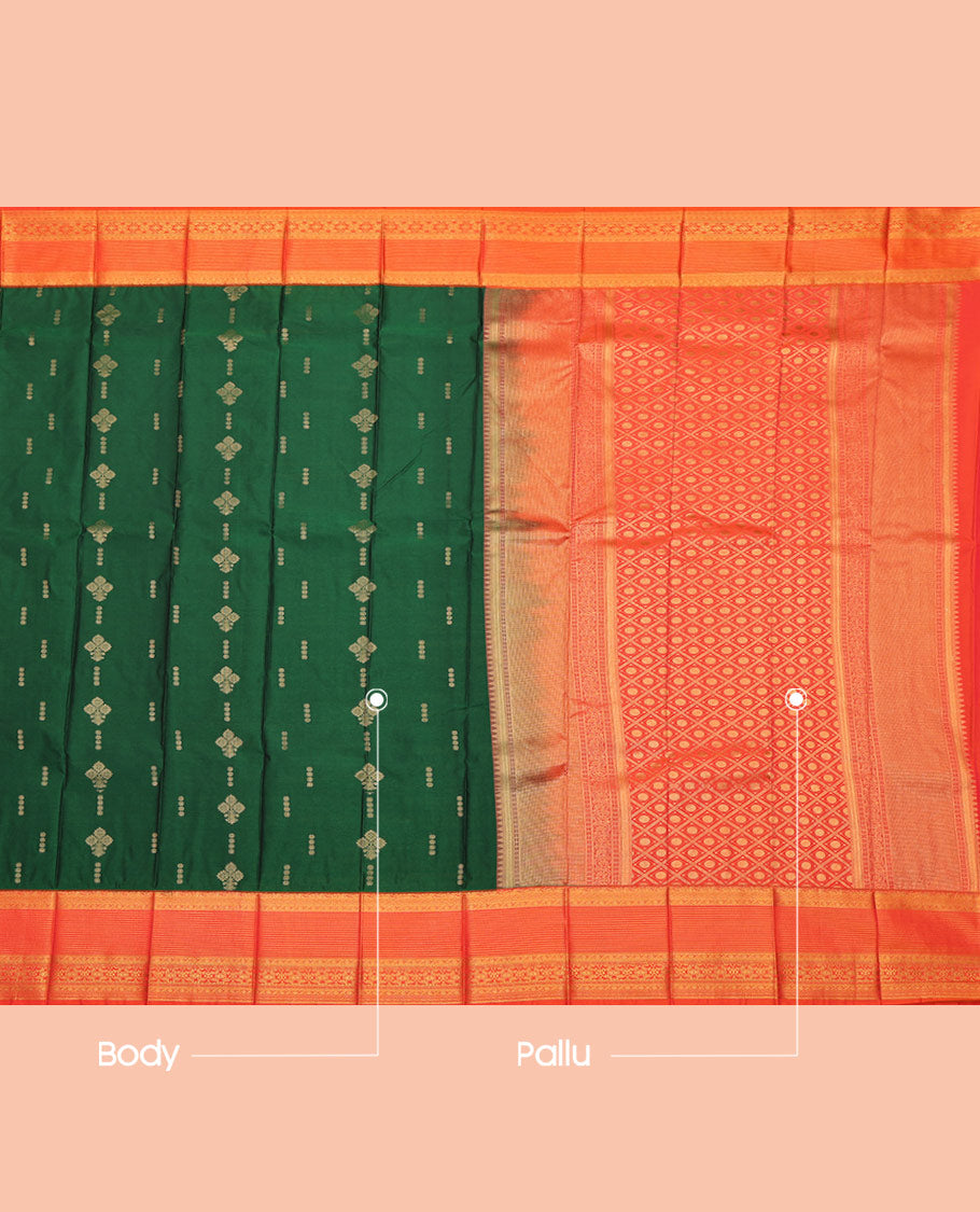 Green Budget Silk Saree, Bedecked with Zari Buttas All Over Its Body, Complemented by a Contrast Traditional Zari Design Border, Grand Jaal Pallu, and Paired with a Contrast Blouse