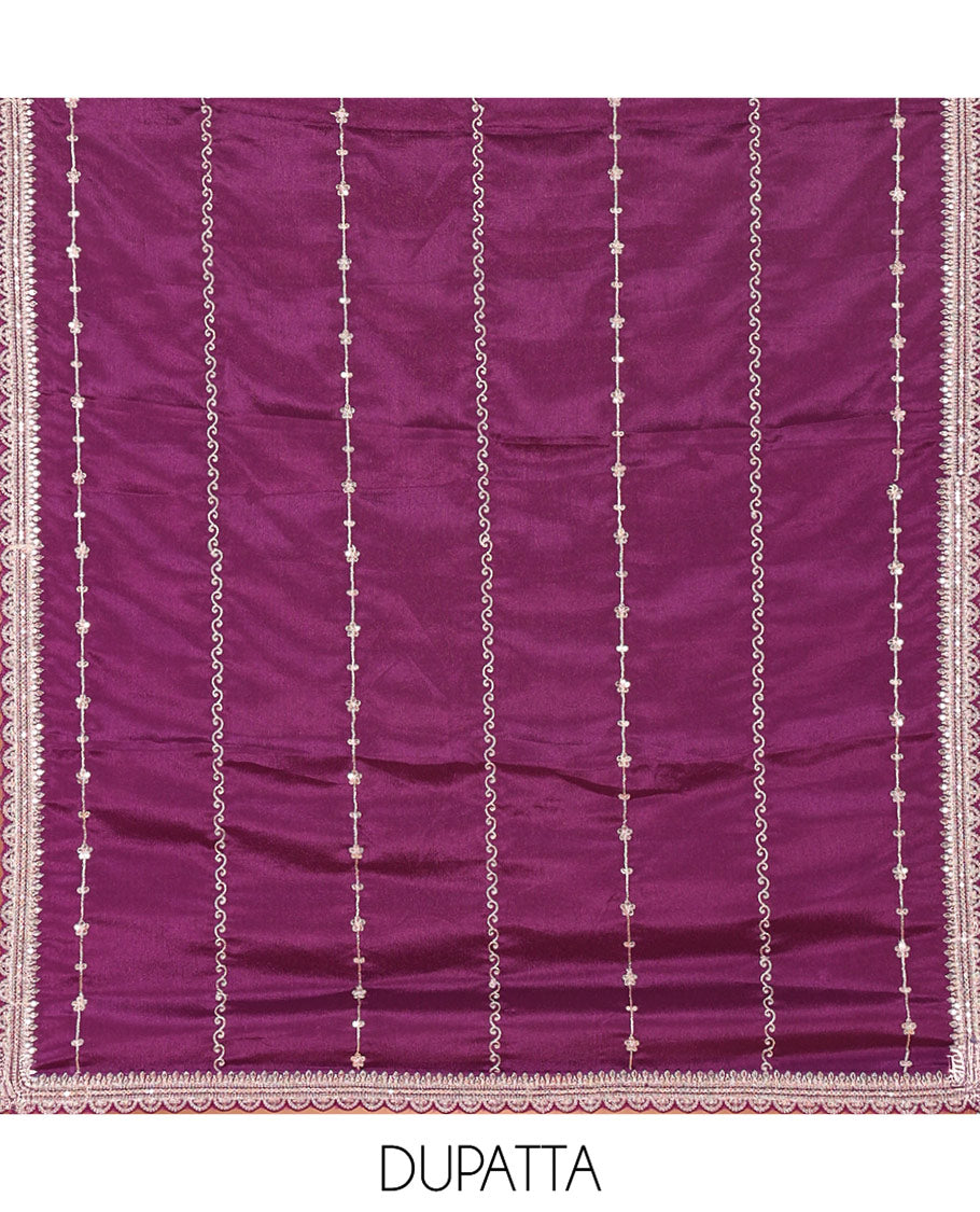 Dark Purple Chudidar Set Beautifully Bedecked with Floral Jaal Jacquard Design Viscose Chinon Unstitched Top, Readymade Free Size Sharara Pants, and a Chinon Embroidered Scallop-Bordered Dupatta