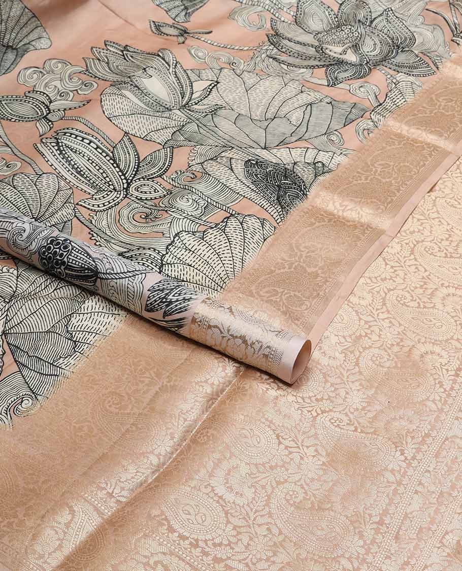 light pink floral design printed silk saree with self zari design border & floral design pallu
