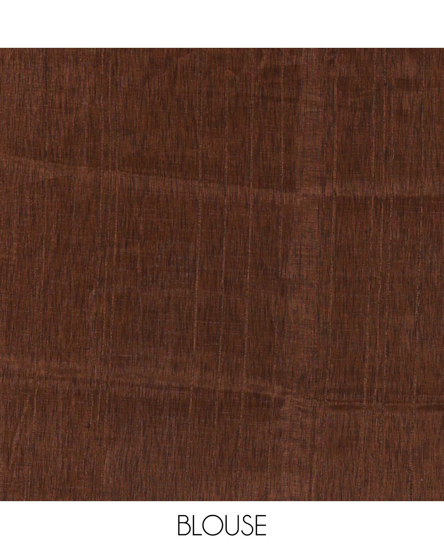 Brown shibori printed jute cotton saree, contrast plain border, plain pallu with tussels, and contrast plain blouse