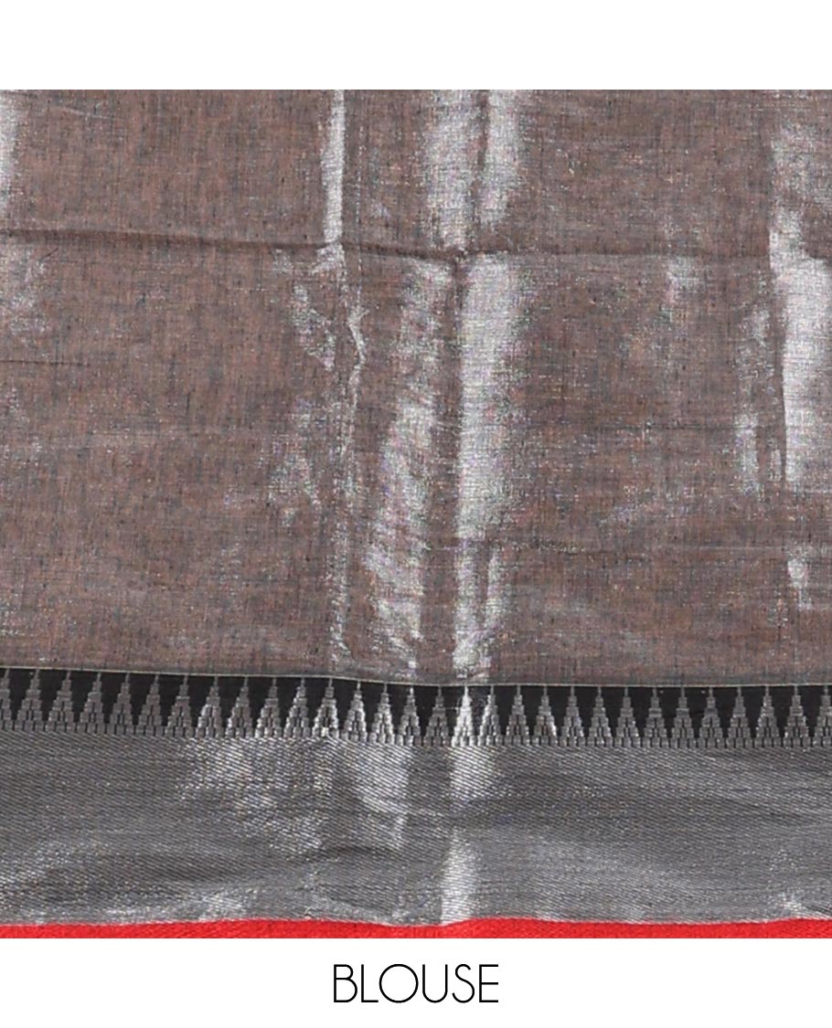 Silver grey plain tissue copper saree with contrast double side temple border & all over pallu , tussels & running blouse
