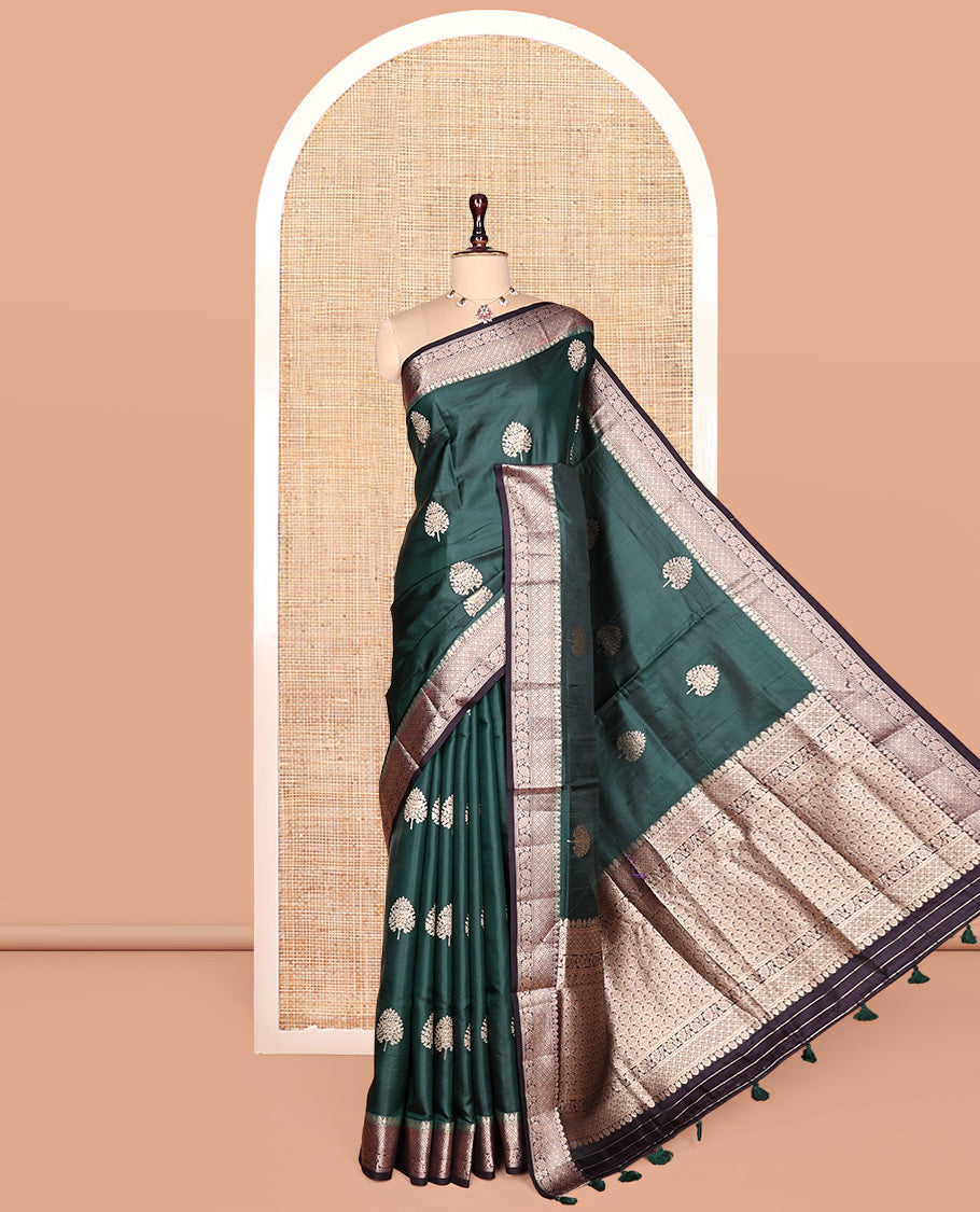 Green Satin Silk Saree, Embellished with Tree Buttas, Complemented by a Contrast Traditional Design Border, Grand Pallu, and a Contrast Blouse