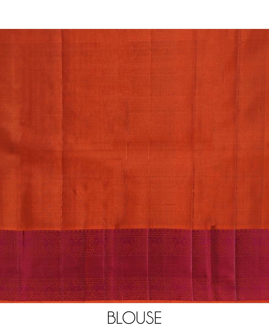 Green Kanchipuram Silk Saree, Beautified with Thread Buttas, a Contrast Border of Thilakam Mokku, Iruthalai Pakshi, and Kuyil Kann, Jaal Pallu, and a Contrast Blouse