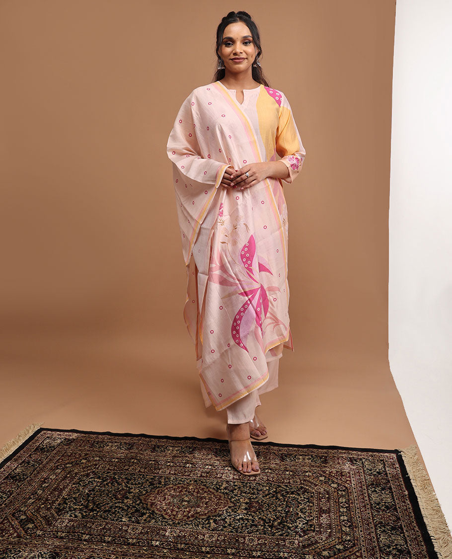 Cream floral design round neck, 3/4 th sleeve,below knee lenght top with straight pants & floral printed dupatta