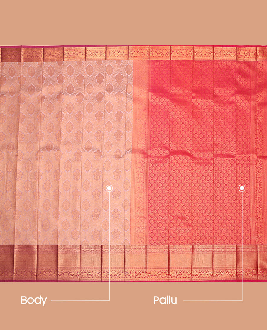 Peach Budget Silk Saree Features Jacquard, Complemented by Contrast Traditional Border, Grand Pallu and a Contrast Blouse