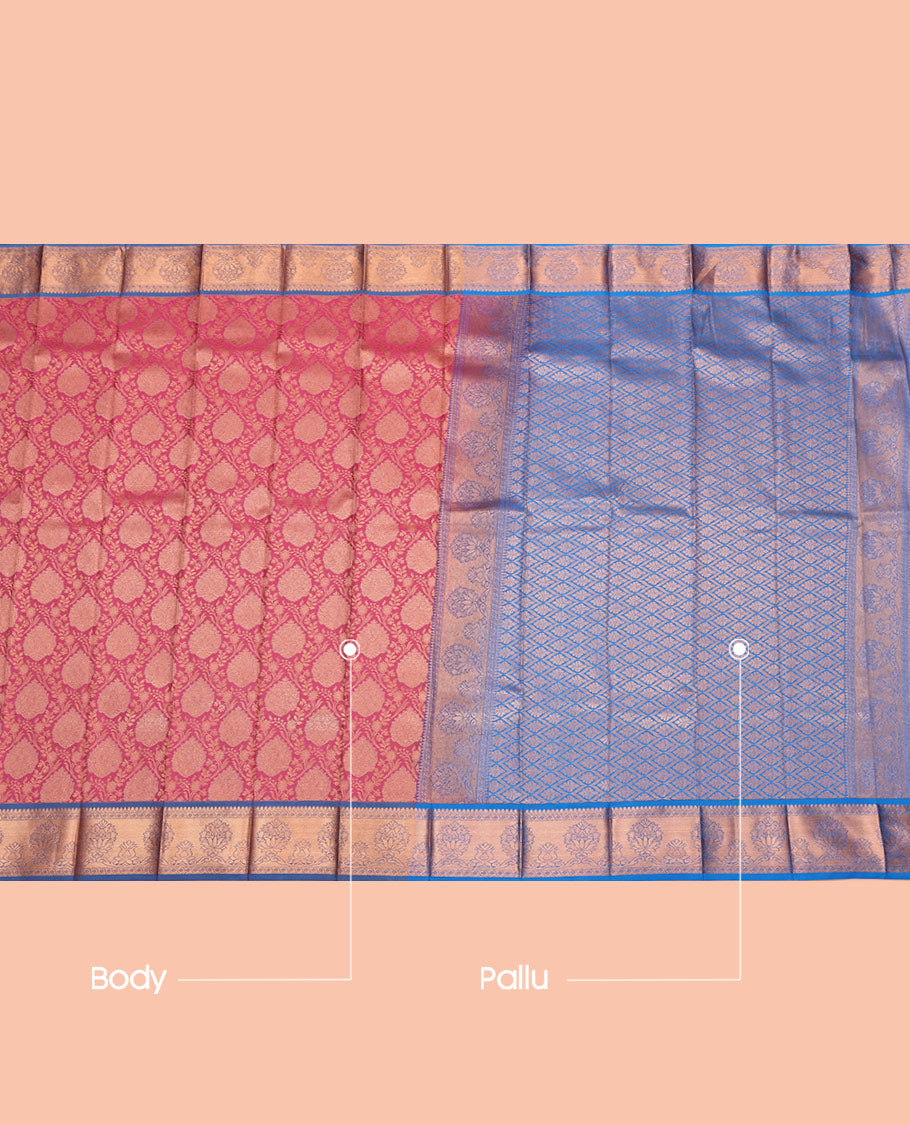 Pink Budget Silk Saree, Accentuated with Jacquard, Complemented by Contrast Traditional Zari Border, Intricate Pallu, and a Contrast Blouse