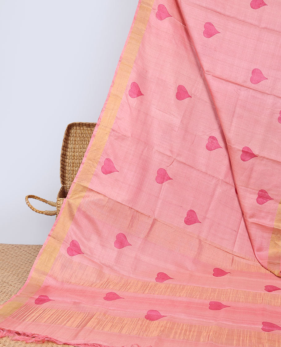 Red all over heart motifs tussar saree with self-intricate zari border