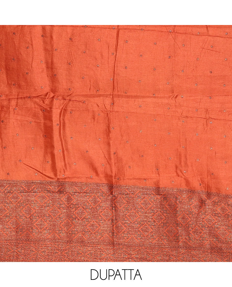 Rust material chudidar set, copper zari buttas and jaal design semi-modal silk top, plain santoon bottom, and zari design woven semi-modal silk dupatta