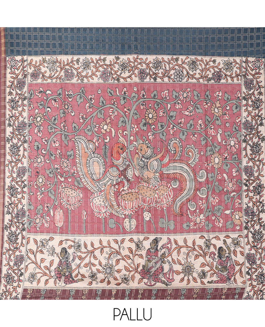 Blue Fancy Tussar Silk Saree, Elevated with Checked Design, Contrast Zari Piping Border, Pallu of Kalamkari Peacock Motifs, and Contrast Kalamkari Printed Blouse