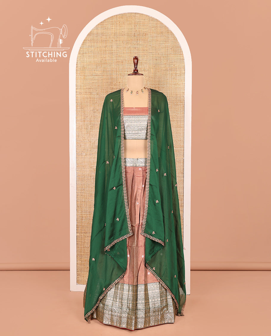 Onion Pink-Green Banarasi Silk Half-Saree Features Buttas Skirt, Contrast Traditional Border, Matching Blouse, Contrast Embroidered Dhavani